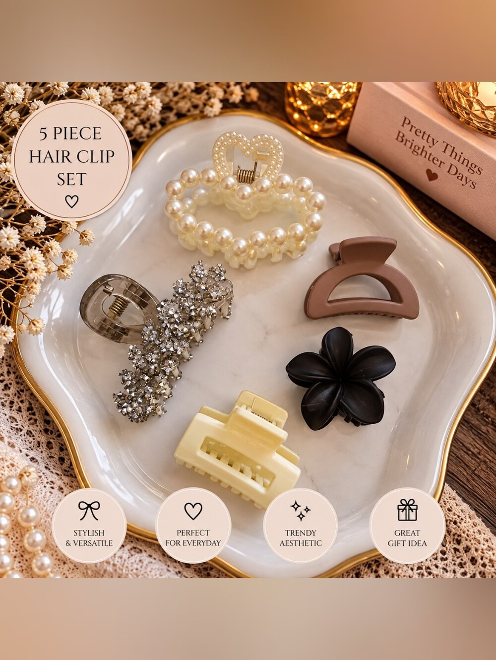 5-Piece Mixed Hair Claw Clip Set – Pearl, Rhinestone & Neutral Flower New
